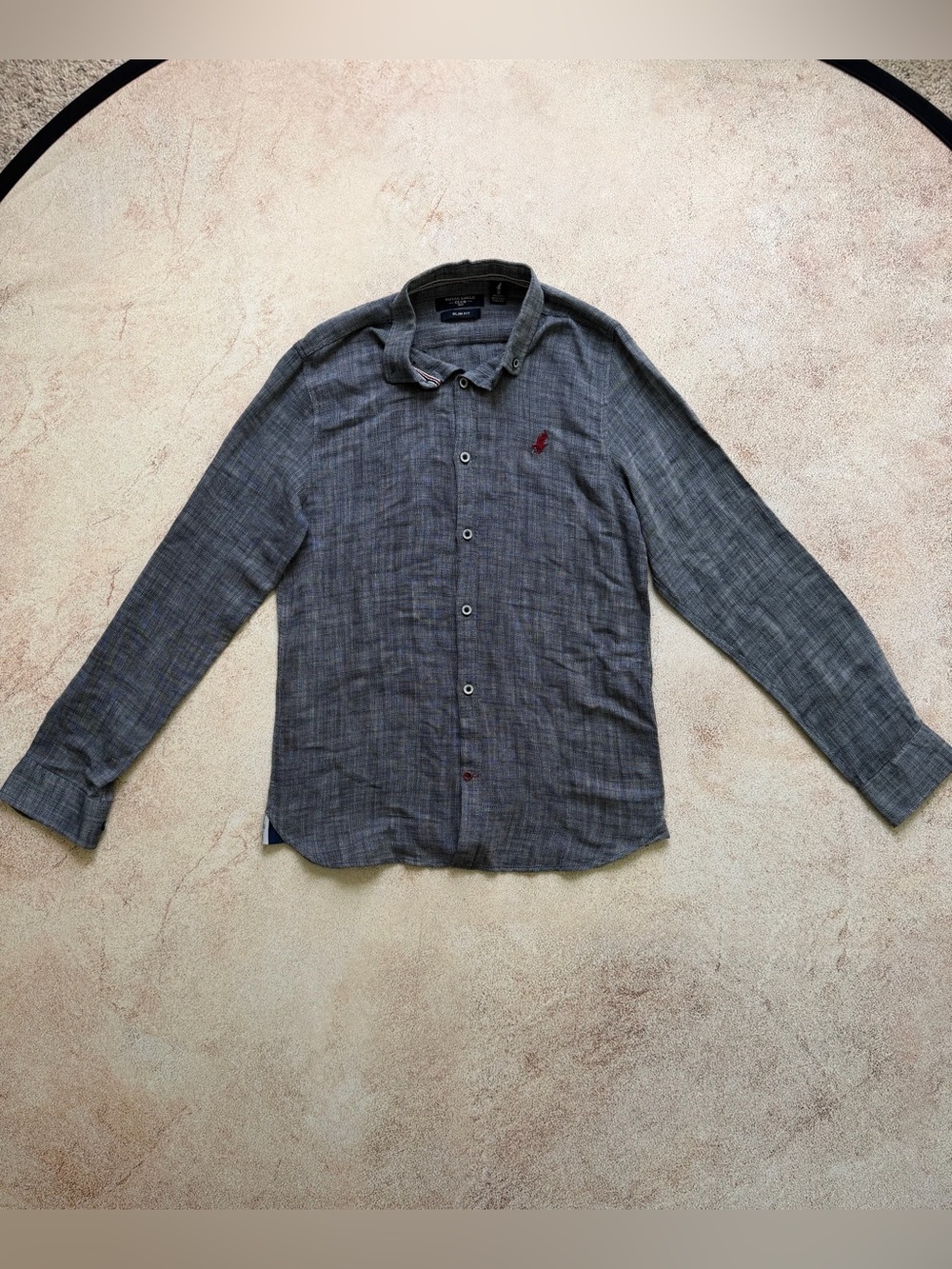 Men's Long-Sleeve Blue Button-Up Shirt with Red Embroidery